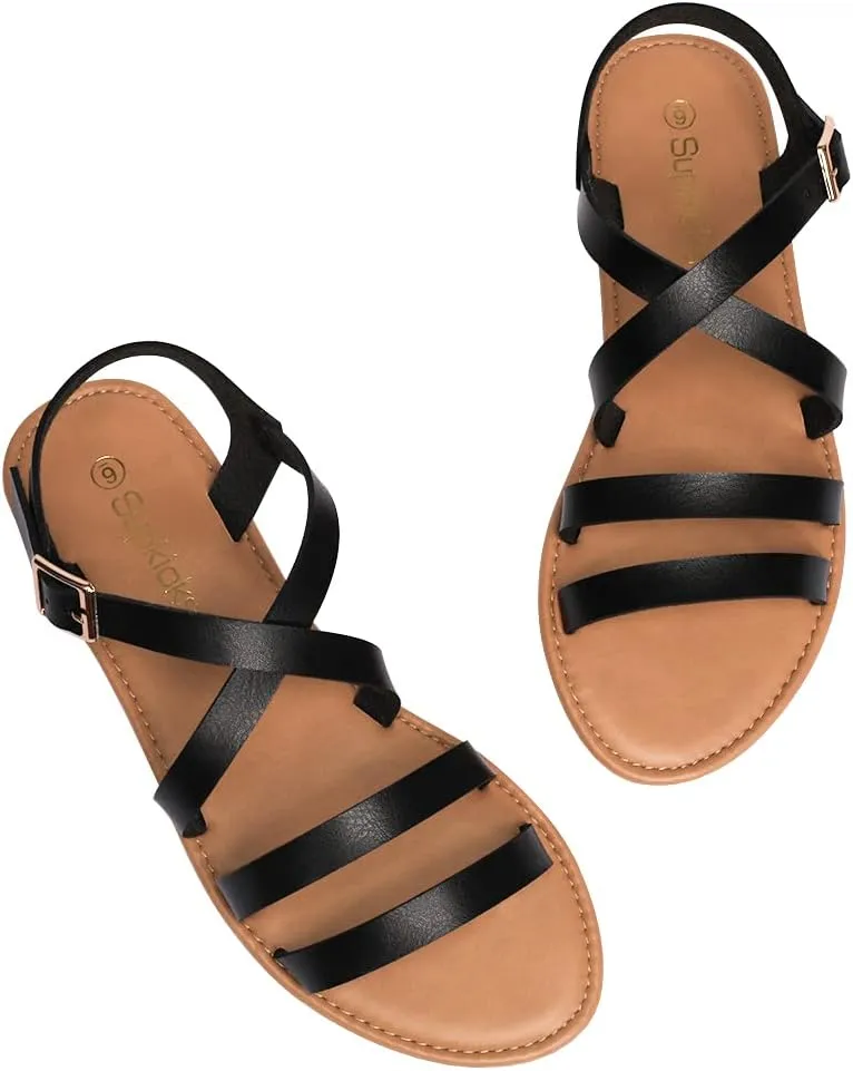 Women's Ankle Strap Flat Sandals Open Toe Breathable Summer Fisherman Sandals Adjustable Buckle Crossed Strappy Two Band Comfy Casual Gladiator Sandal