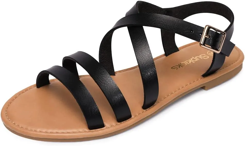 Women's Ankle Strap Flat Sandals Open Toe Breathable Summer Fisherman Sandals Adjustable Buckle Crossed Strappy Two Band Comfy Casual Gladiator Sandal