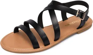 Women's Ankle Strap Flat Sandals Open Toe Breathable Summer Fisherman Sandals Adjustable Buckle Crossed Strappy Two Band Comfy Casual Gladiator Sandal