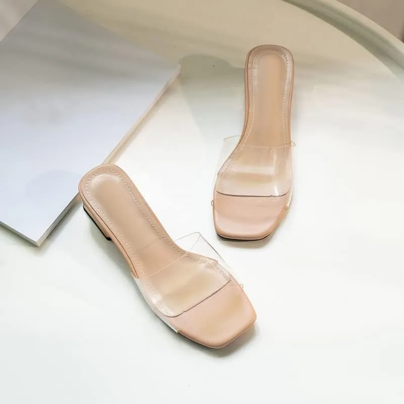 Women's Block Low Heel Clear Mule Sandals Square Toe Transparent Slide Dress Sandal for Office Work