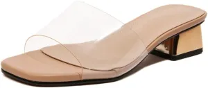 Women's Block Low Heel Clear Mule Sandals Square Toe Transparent Slide Dress Sandal for Office Work
