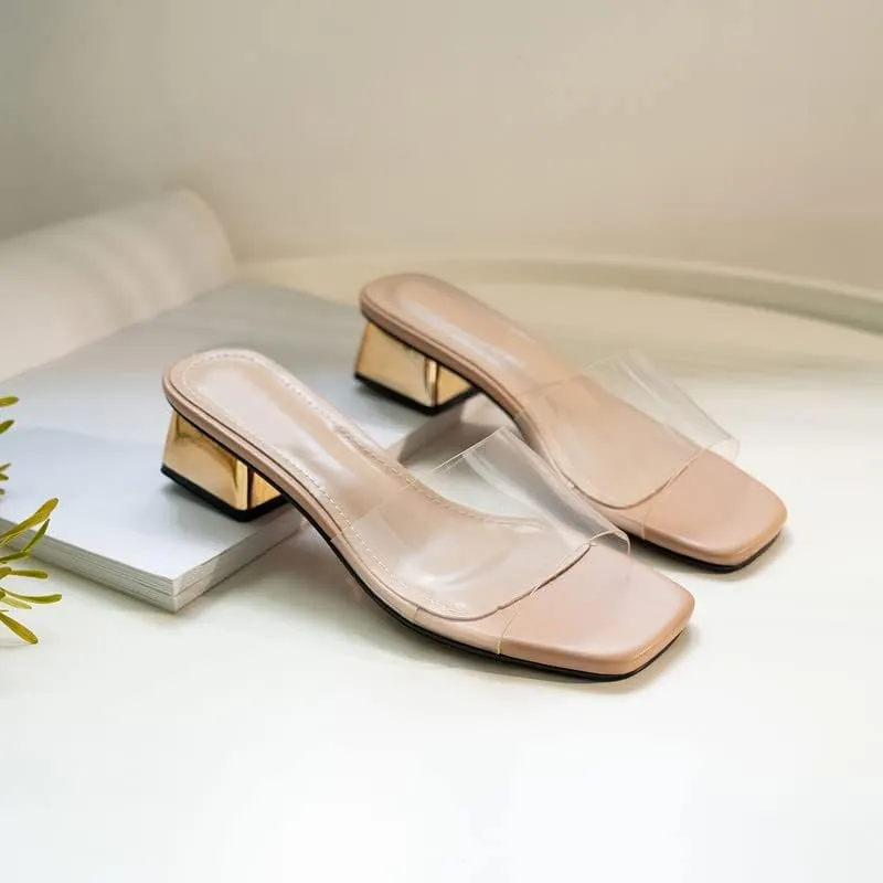 Women's Block Low Heel Clear Mule Sandals Square Toe Transparent Slide Dress Sandal for Office Work