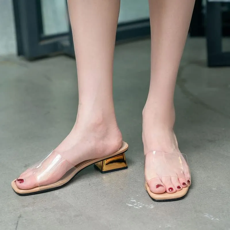 Women's Block Low Heel Clear Mule Sandals Square Toe Transparent Slide Dress Sandal for Office Work