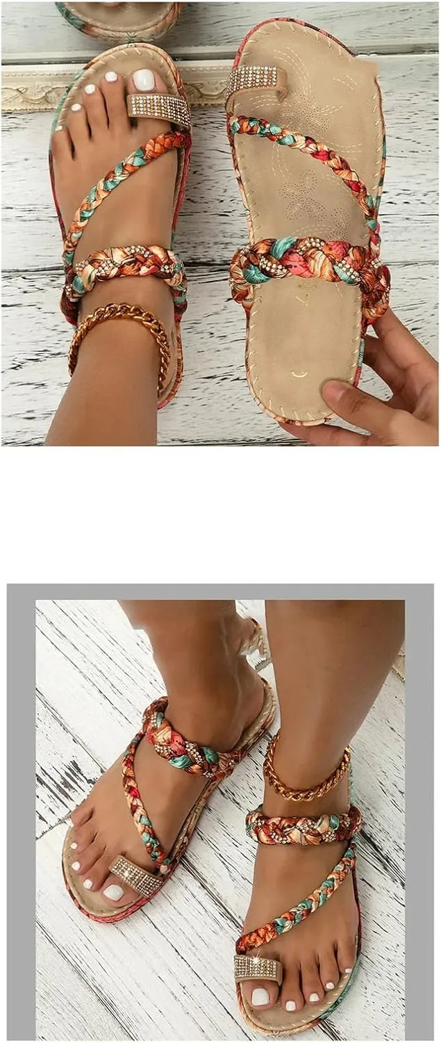 Women's Boho Flat Slippers - Summer Rhinestone Open Toe Comfort Flip-Flops