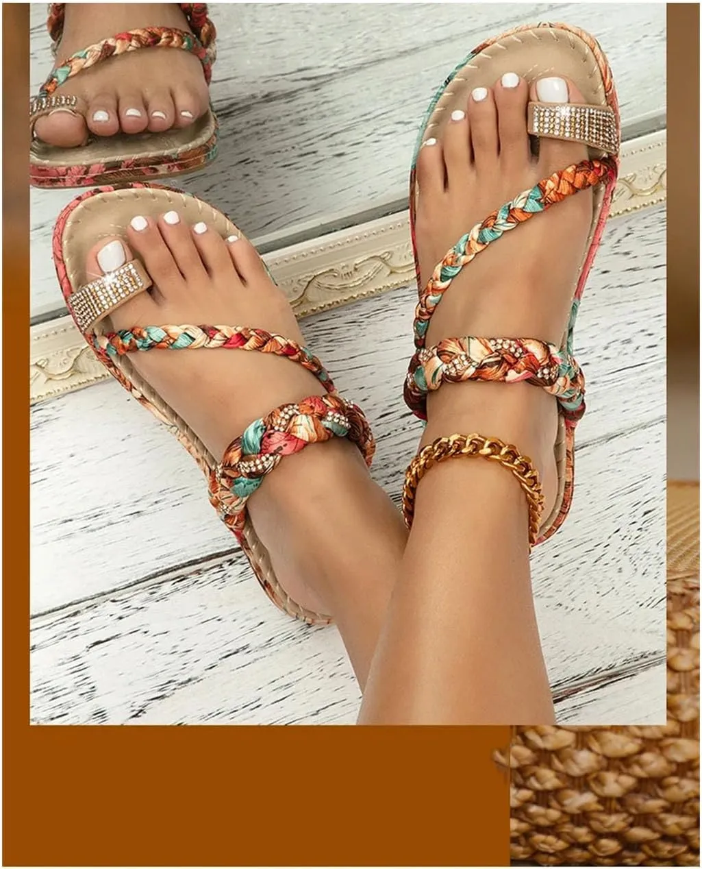 Women's Boho Flat Slippers - Summer Rhinestone Open Toe Comfort Flip-Flops