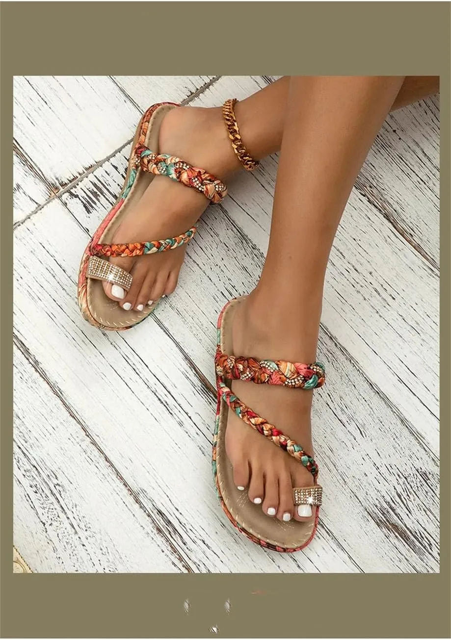 Women's Boho Flat Slippers - Summer Rhinestone Open Toe Comfort Flip-Flops