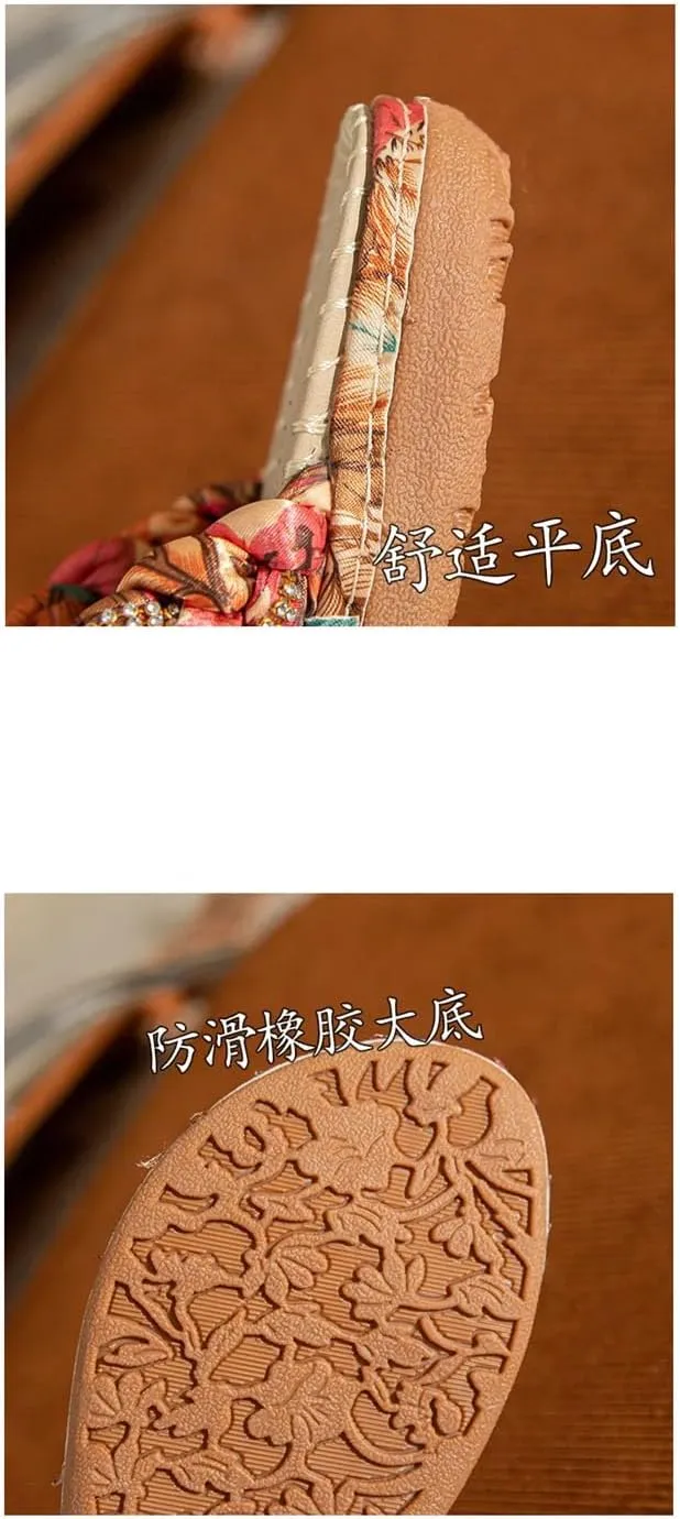Women's Boho Flat Slippers - Summer Rhinestone Open Toe Comfort Flip-Flops