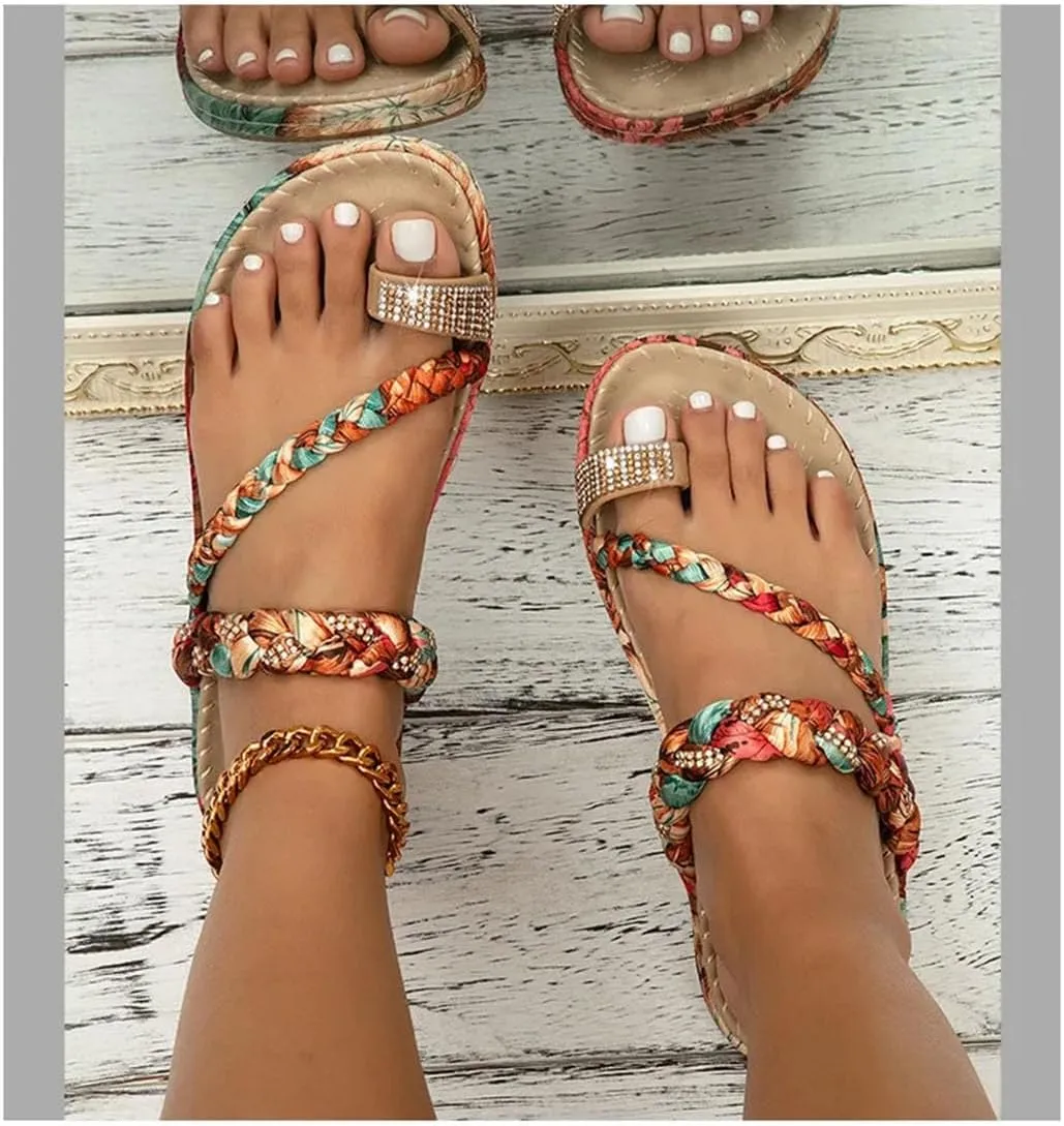 Women's Boho Flat Slippers - Summer Rhinestone Open Toe Comfort Flip-Flops