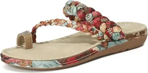 Women's Boho Flat Slippers - Summer Rhinestone Open Toe Comfort Flip-Flops