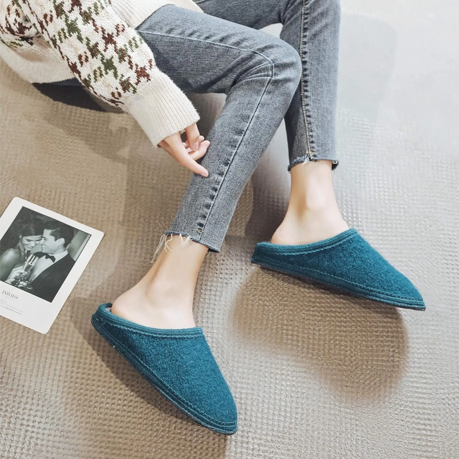 Women's Boiled Wool House Slippers Breathable Sweat Free Clog Slip on Mule Indoor/Outdoor Slipper