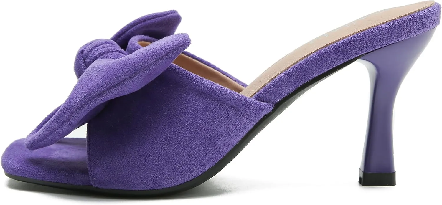 Women's Bow Sandal Mid High Kitten Heel Slip on Square Toe Mule Heels