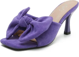 Women's Bow Sandal Mid High Kitten Heel Slip on Square Toe Mule Heels