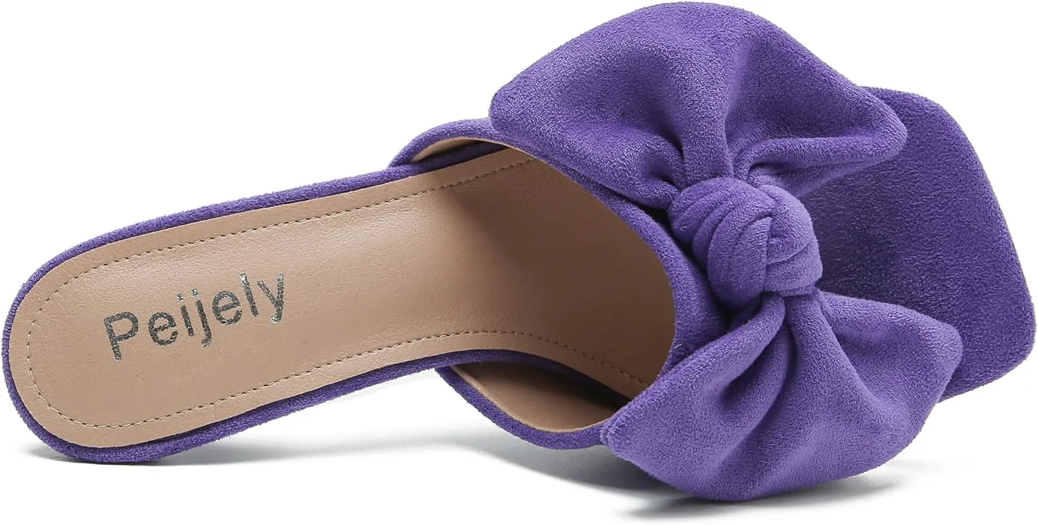 Women's Bow Sandal Mid High Kitten Heel Slip on Square Toe Mule Heels