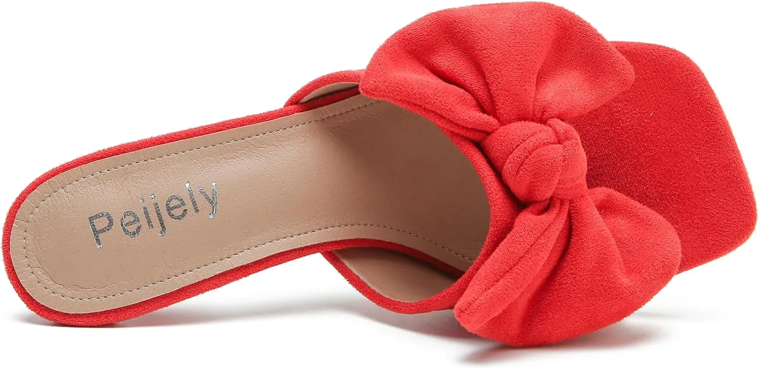 Women's Bow Sandal Mid High Kitten Heel Slip on Square Toe Mule Heels