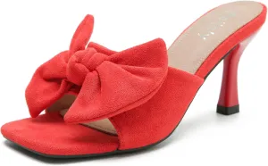 Women's Bow Sandal Mid High Kitten Heel Slip on Square Toe Mule Heels