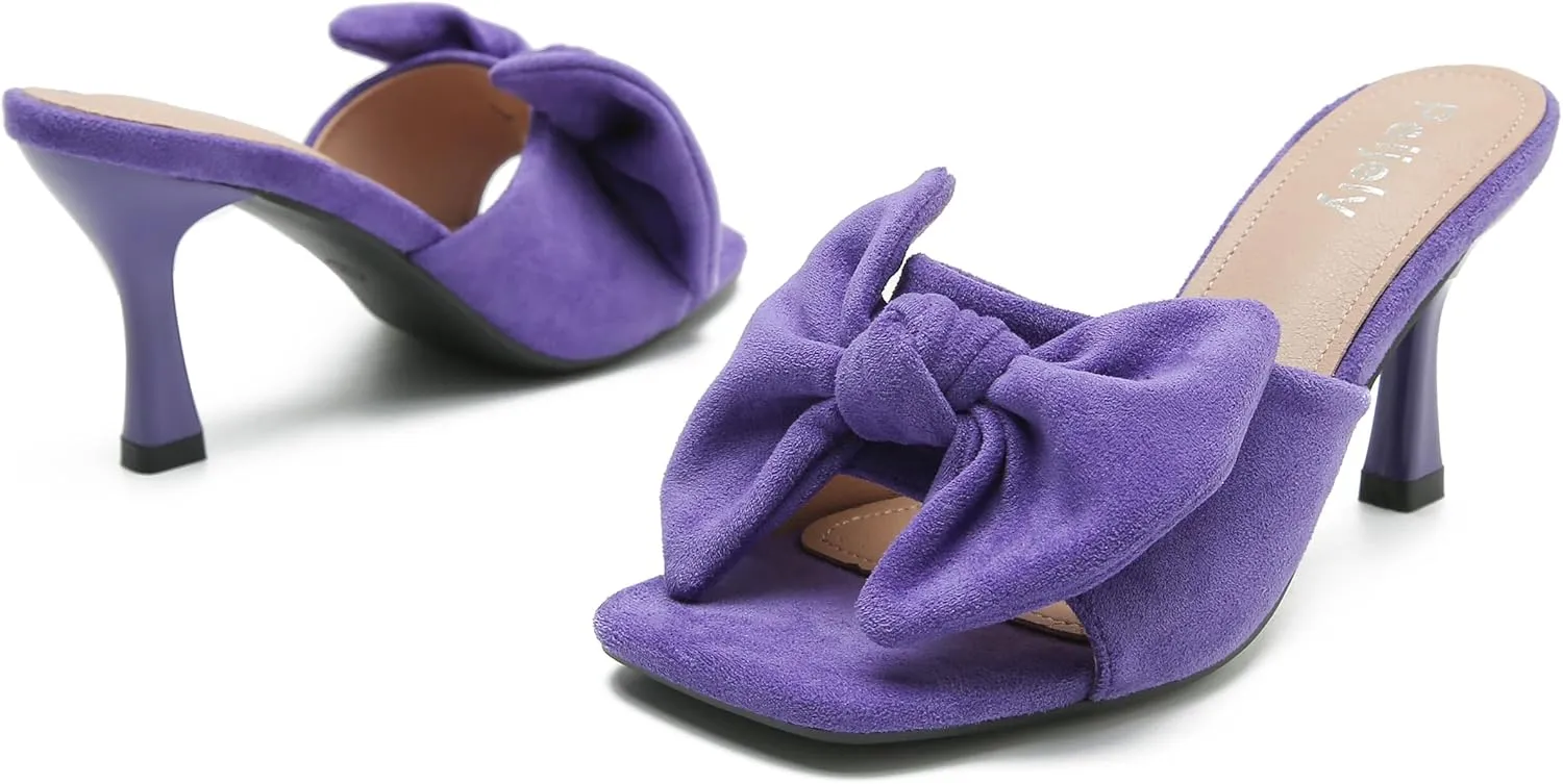 Women's Bow Sandal Mid High Kitten Heel Slip on Square Toe Mule Heels