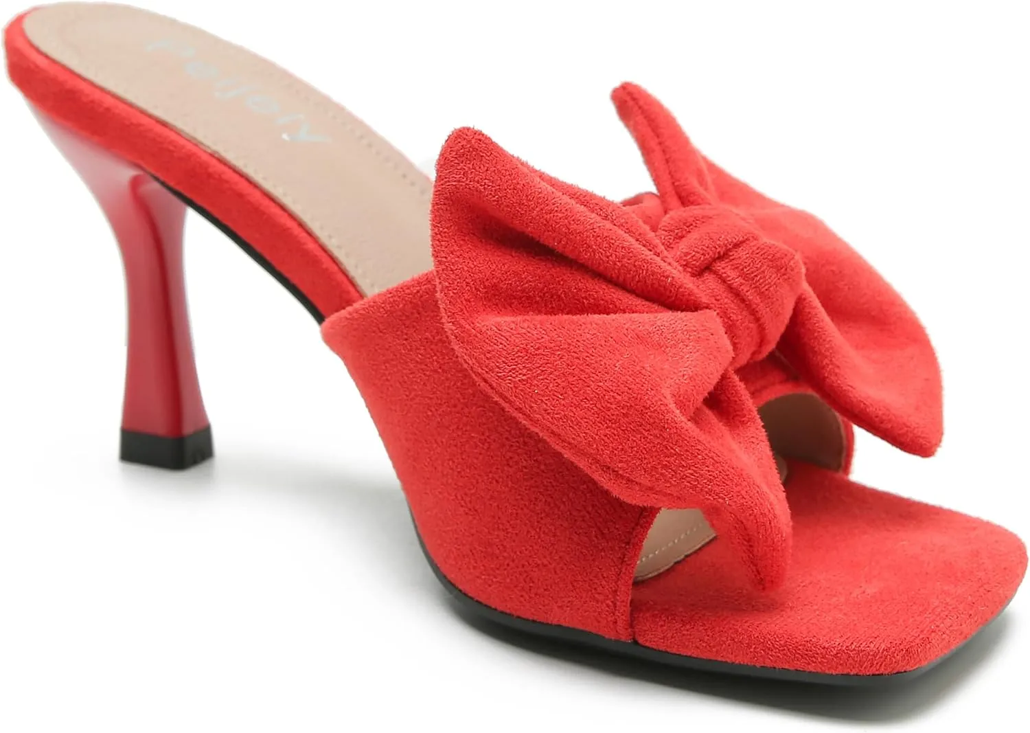 Women's Bow Sandal Mid High Kitten Heel Slip on Square Toe Mule Heels