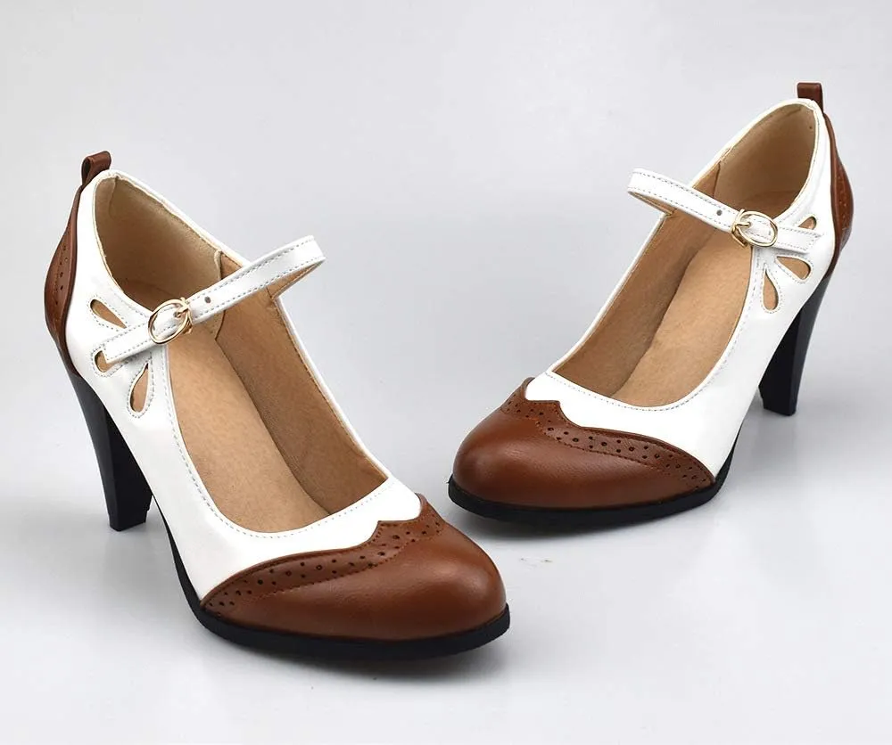 Womens Brown Retro Mary Jane Oxford High Heels Pumps Shoes for Women Teardrop Cutout Round Toe Pierced Strappy Oxfords Mary Janes High-Heel Pump Shoe