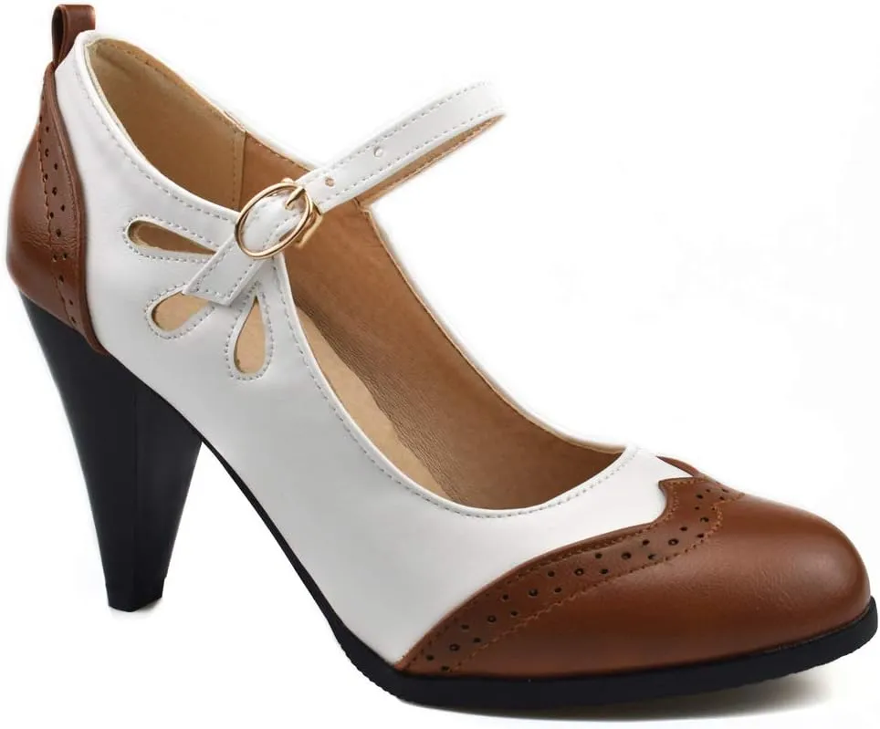Womens Brown Retro Mary Jane Oxford High Heels Pumps Shoes for Women Teardrop Cutout Round Toe Pierced Strappy Oxfords Mary Janes High-Heel Pump Shoe