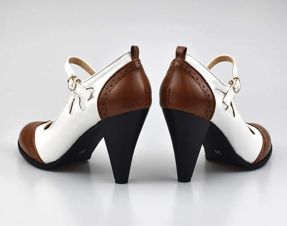 Womens Brown Retro Mary Jane Oxford High Heels Pumps Shoes for Women Teardrop Cutout Round Toe Pierced Strappy Oxfords Mary Janes High-Heel Pump Shoe