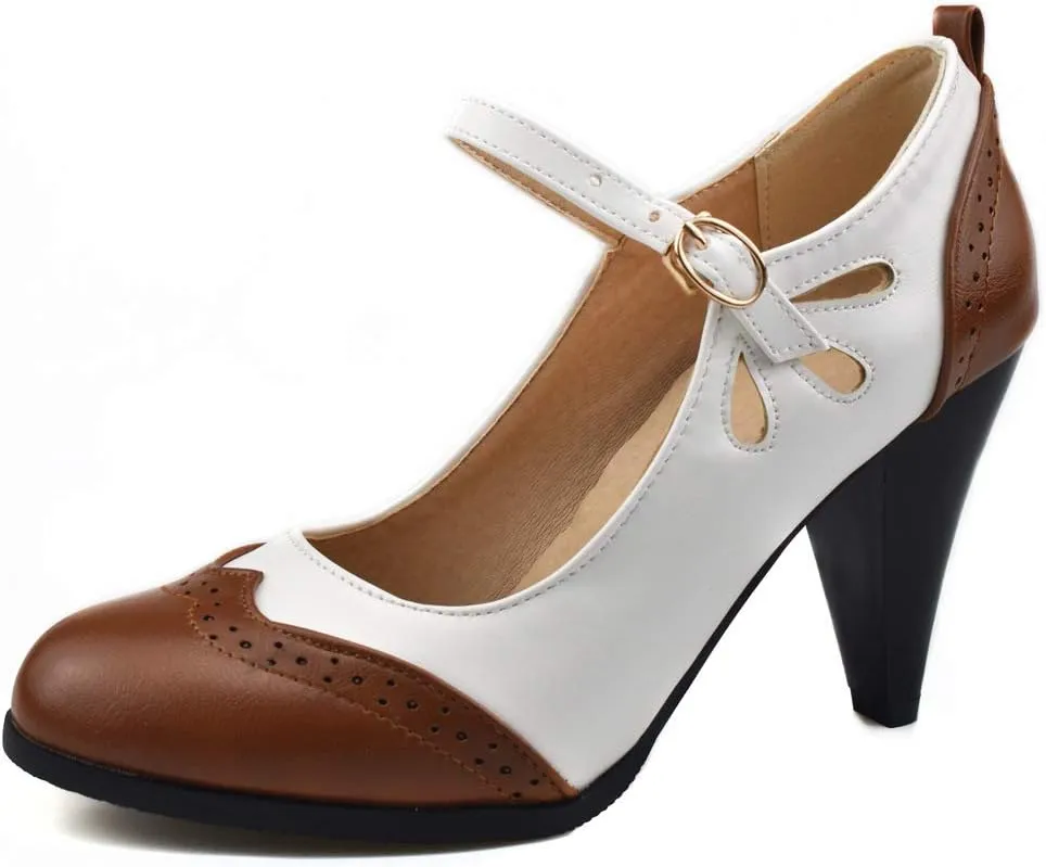Womens Brown Retro Mary Jane Oxford High Heels Pumps Shoes for Women Teardrop Cutout Round Toe Pierced Strappy Oxfords Mary Janes High-Heel Pump Shoe