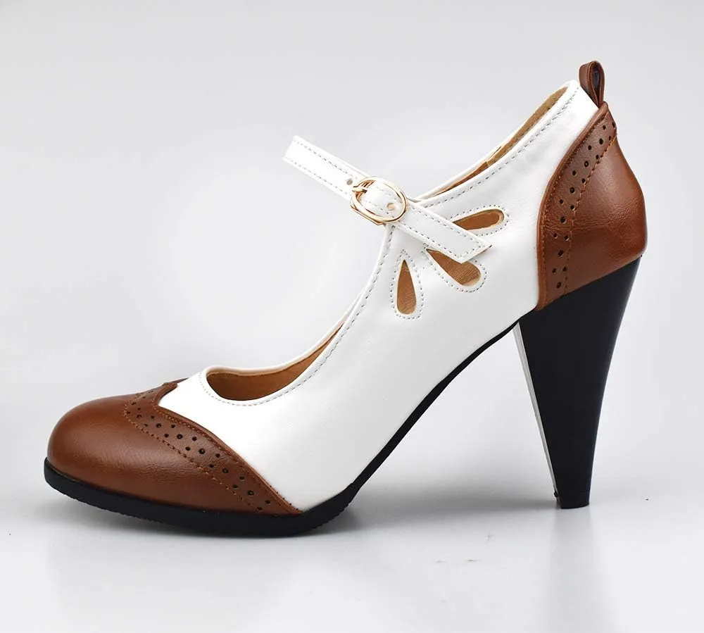 Womens Brown Retro Mary Jane Oxford High Heels Pumps Shoes for Women Teardrop Cutout Round Toe Pierced Strappy Oxfords Mary Janes High-Heel Pump Shoe