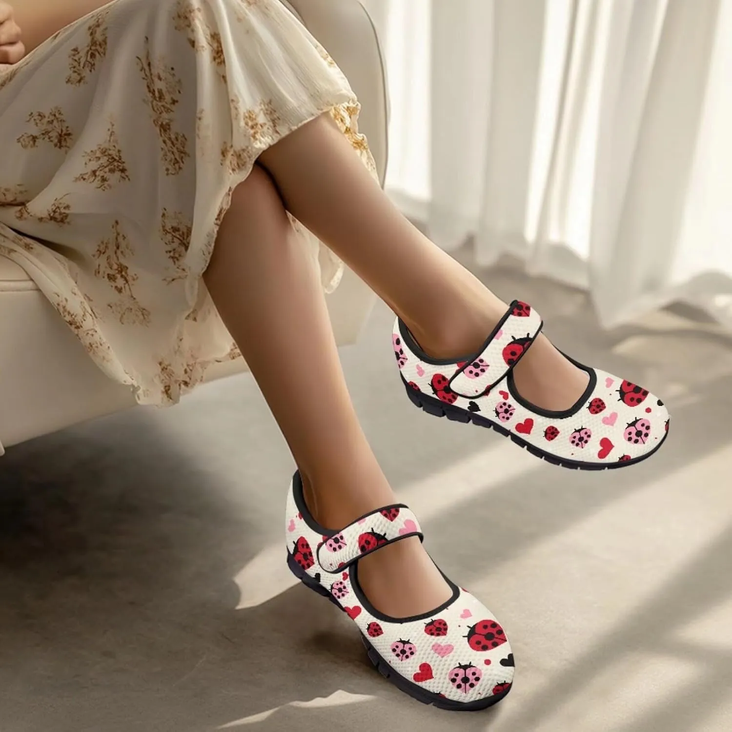 Women's Casual Walking Sneakers Lightweight Breathable Flat Mary Jane Shoes with One Strap