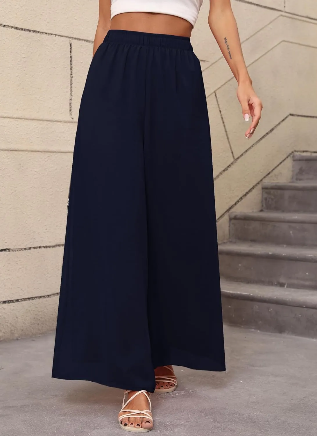 Women's Chiffon Dress Palazzo Pants Beach Wide Leg Elastic Waist Trouser Elegant Flowy High Waisted Ladies Lounge
