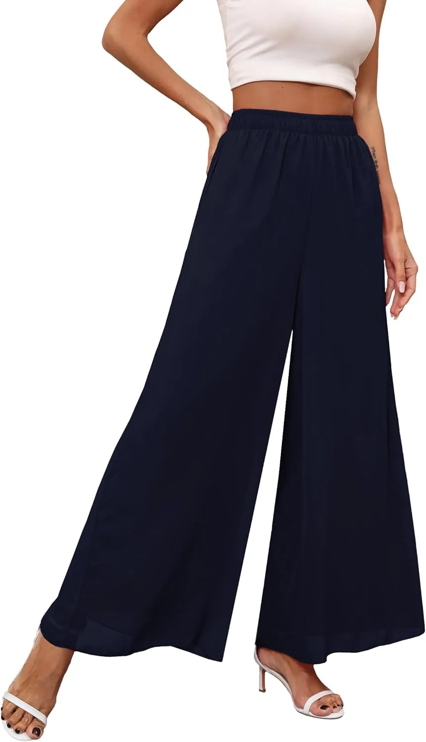 Women's Chiffon Dress Palazzo Pants Beach Wide Leg Elastic Waist Trouser Elegant Flowy High Waisted Ladies Lounge