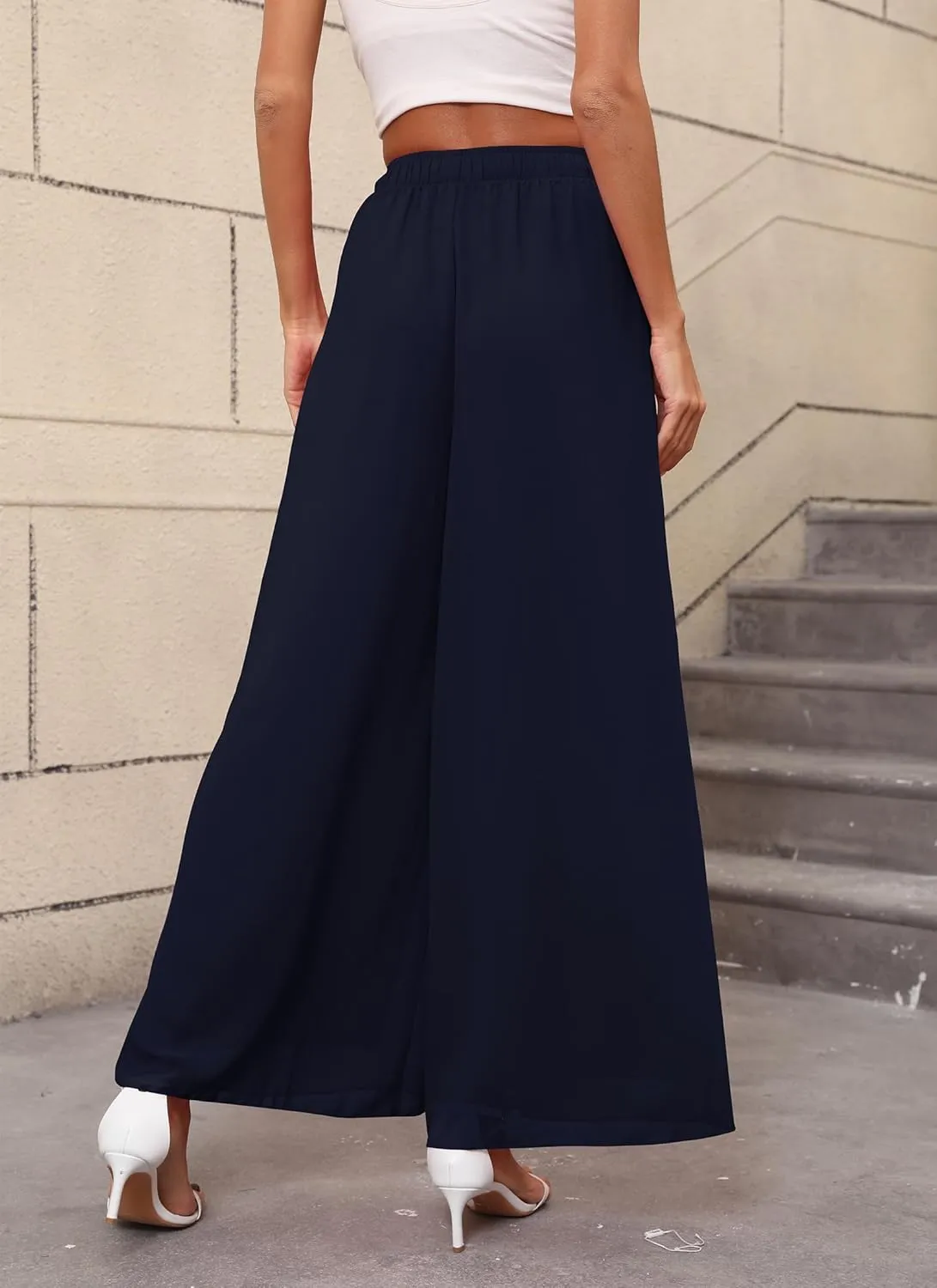 Women's Chiffon Dress Palazzo Pants Beach Wide Leg Elastic Waist Trouser Elegant Flowy High Waisted Ladies Lounge