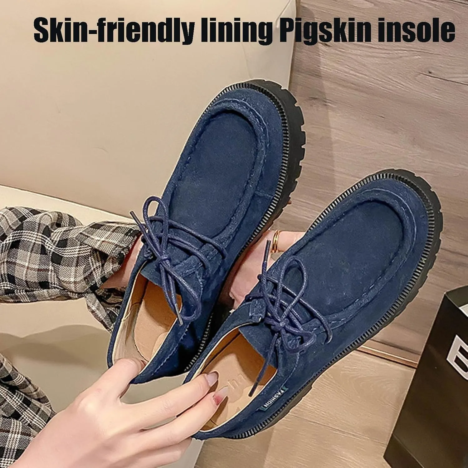 Women's Classic Suede Lace up Platform Oxfords Comfort Wide Round Toe Slip On Lug Sole Work Business Dress Derby Shoes Breathable Non-Slip Casual Walking Shoe