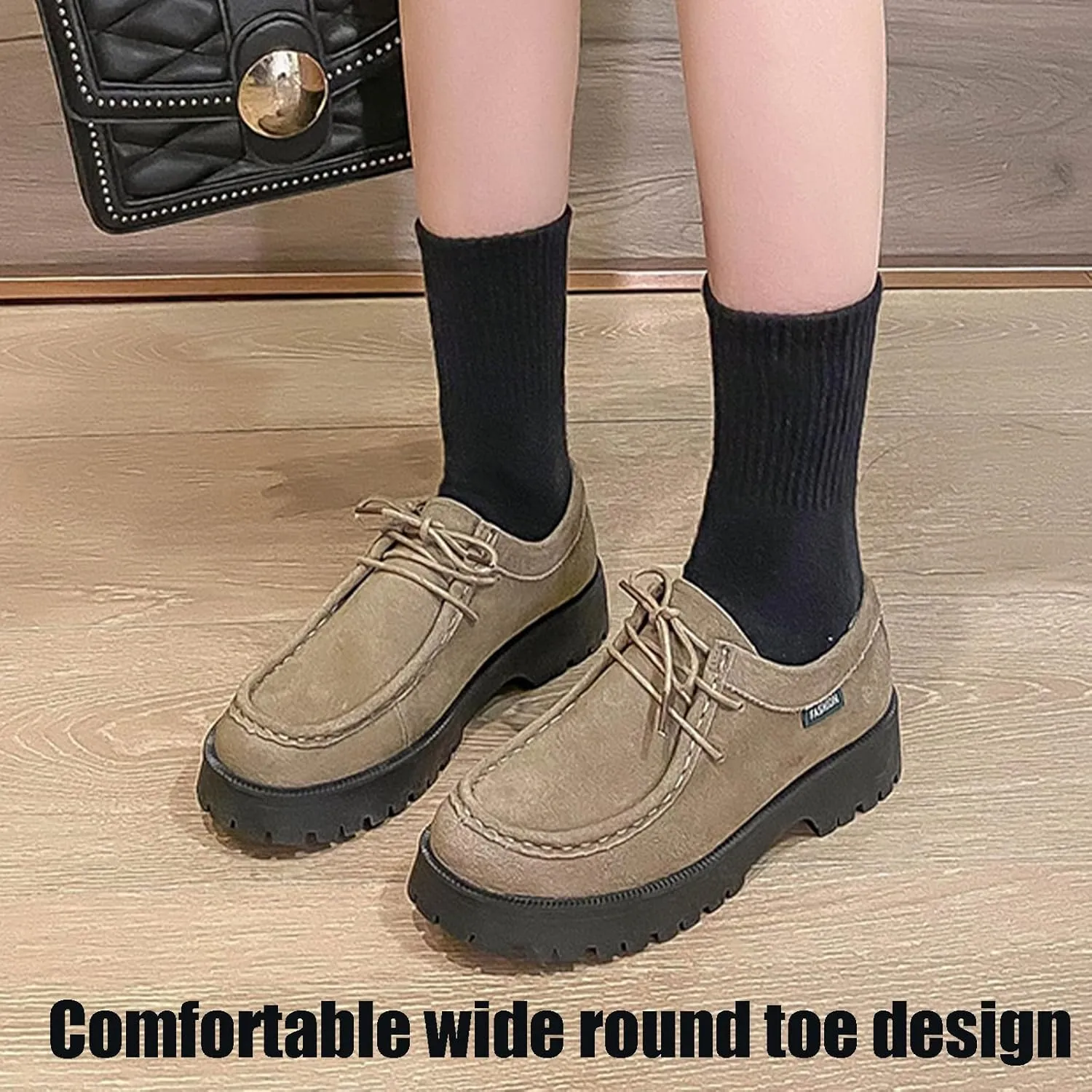 Women's Classic Suede Lace up Platform Oxfords Comfort Wide Round Toe Slip On Lug Sole Work Business Dress Derby Shoes Breathable Non-Slip Casual Walking Shoe