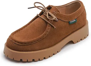 Women's Classic Suede Lace up Platform Oxfords Comfort Wide Round Toe Slip On Lug Sole Work Business Dress Derby Shoes Breathable Non-Slip Casual Walking Shoe