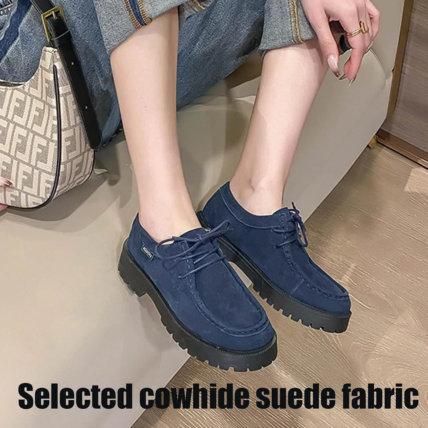 Women's Classic Suede Lace up Platform Oxfords Comfort Wide Round Toe Slip On Lug Sole Work Business Dress Derby Shoes Breathable Non-Slip Casual Walking Shoe