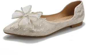 Women's Classy Pointed Toe Ballerina Ballets with Sparkly Rhinestone Bow-Knot Breathable Flat Shoes