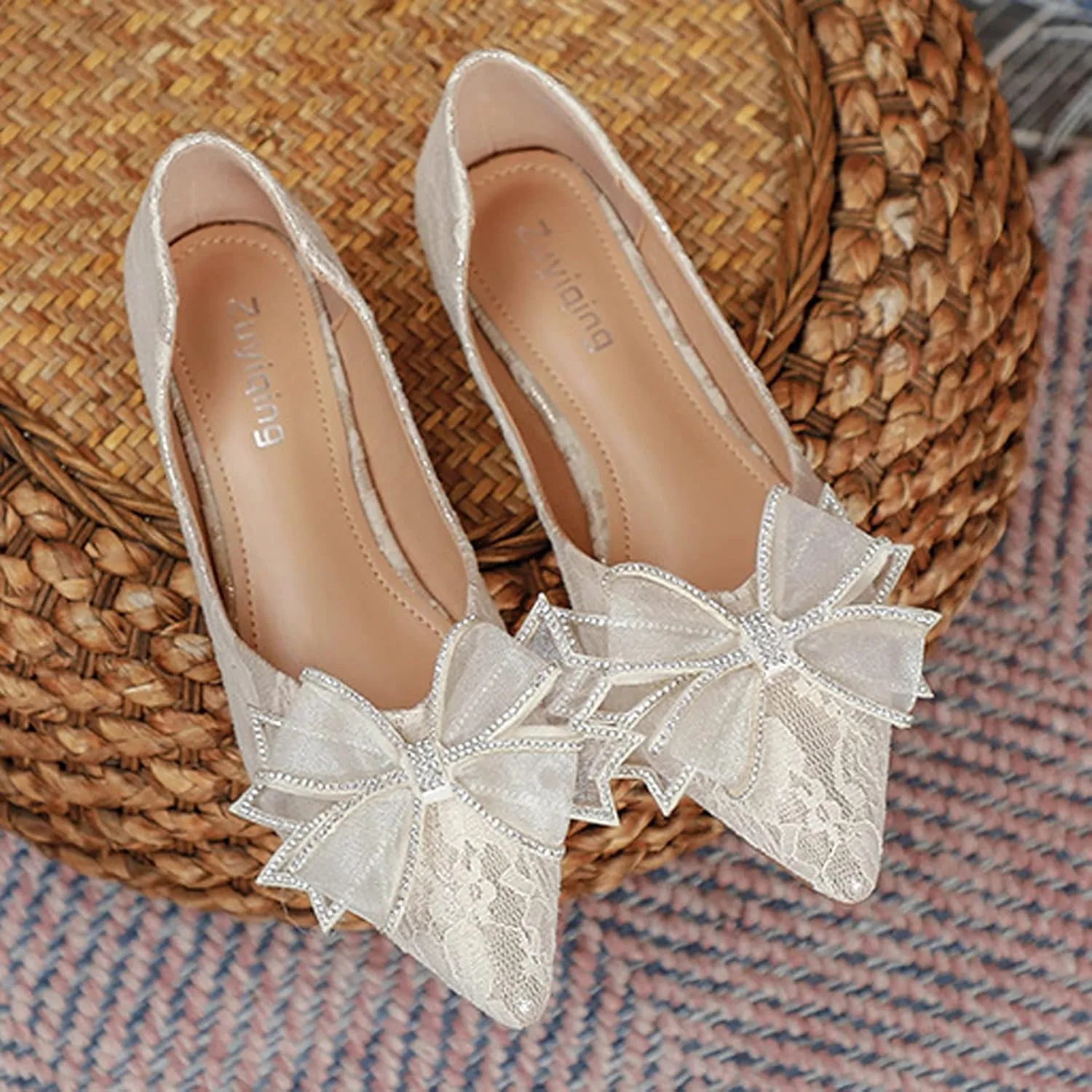 Women's Classy Pointed Toe Ballerina Ballets with Sparkly Rhinestone Bow-Knot Breathable Flat Shoes