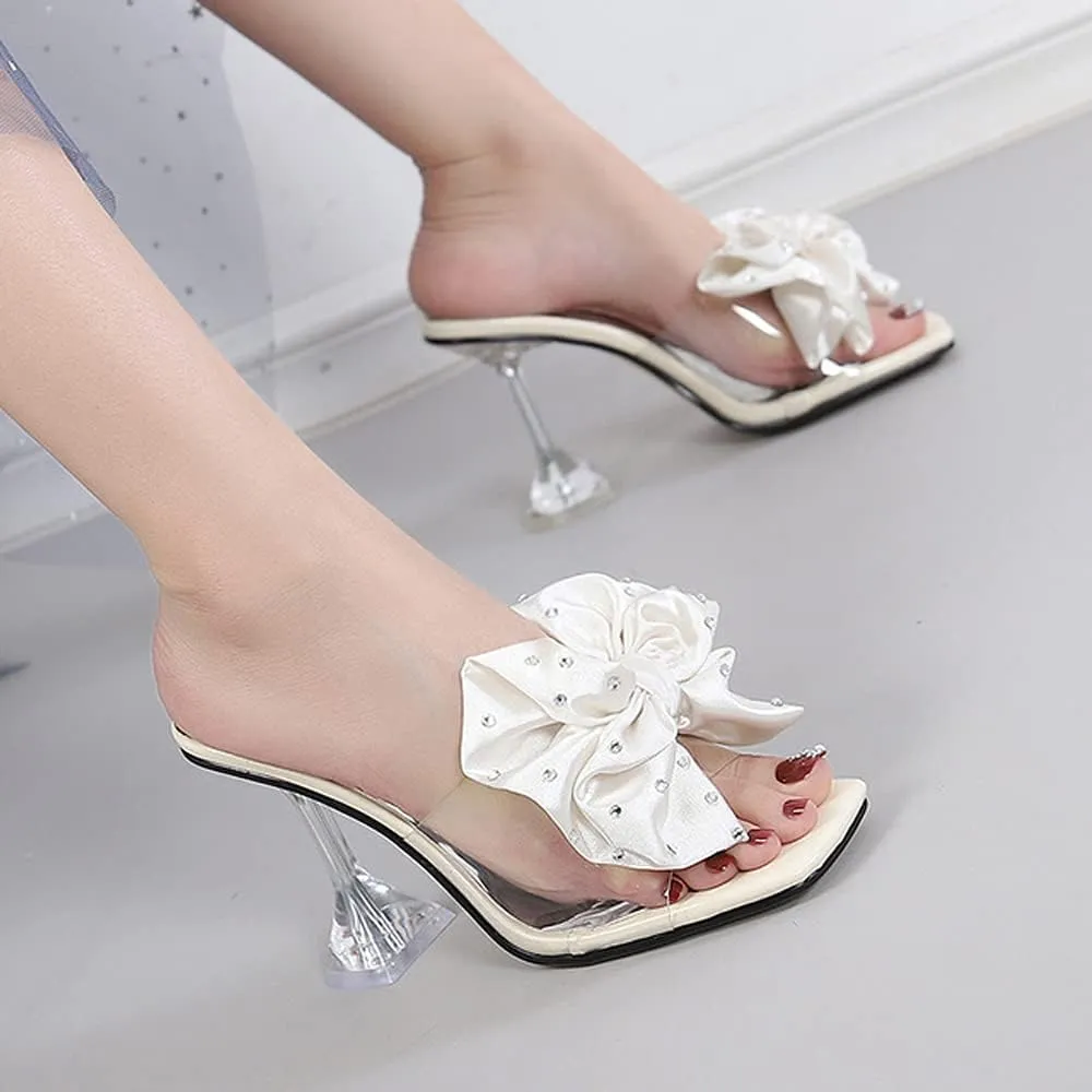 Women's Clear High Heel Mule Sandal Square Open toe Slide on Wedding Party Dress Shoes with Bow