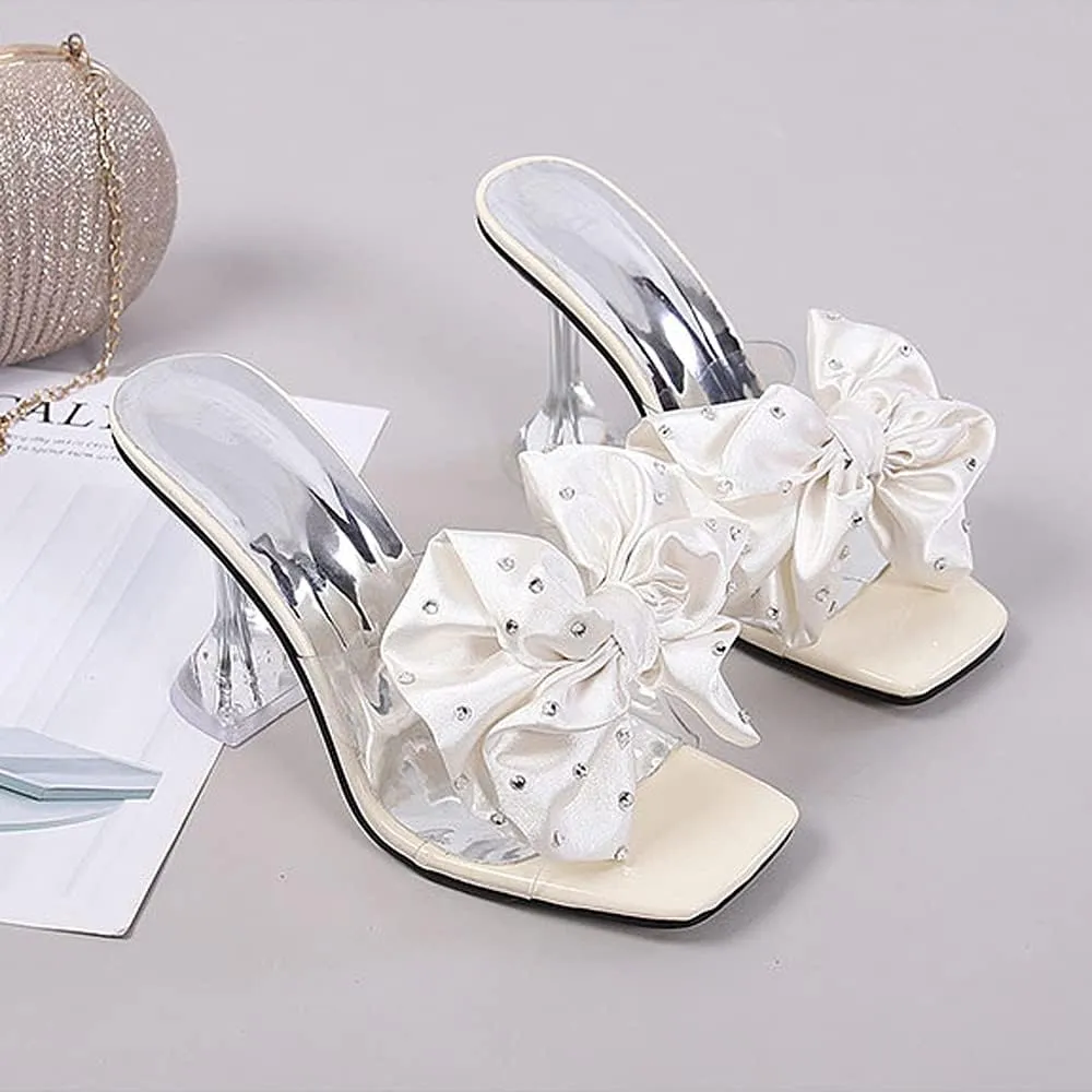 Women's Clear High Heel Mule Sandal Square Open toe Slide on Wedding Party Dress Shoes with Bow