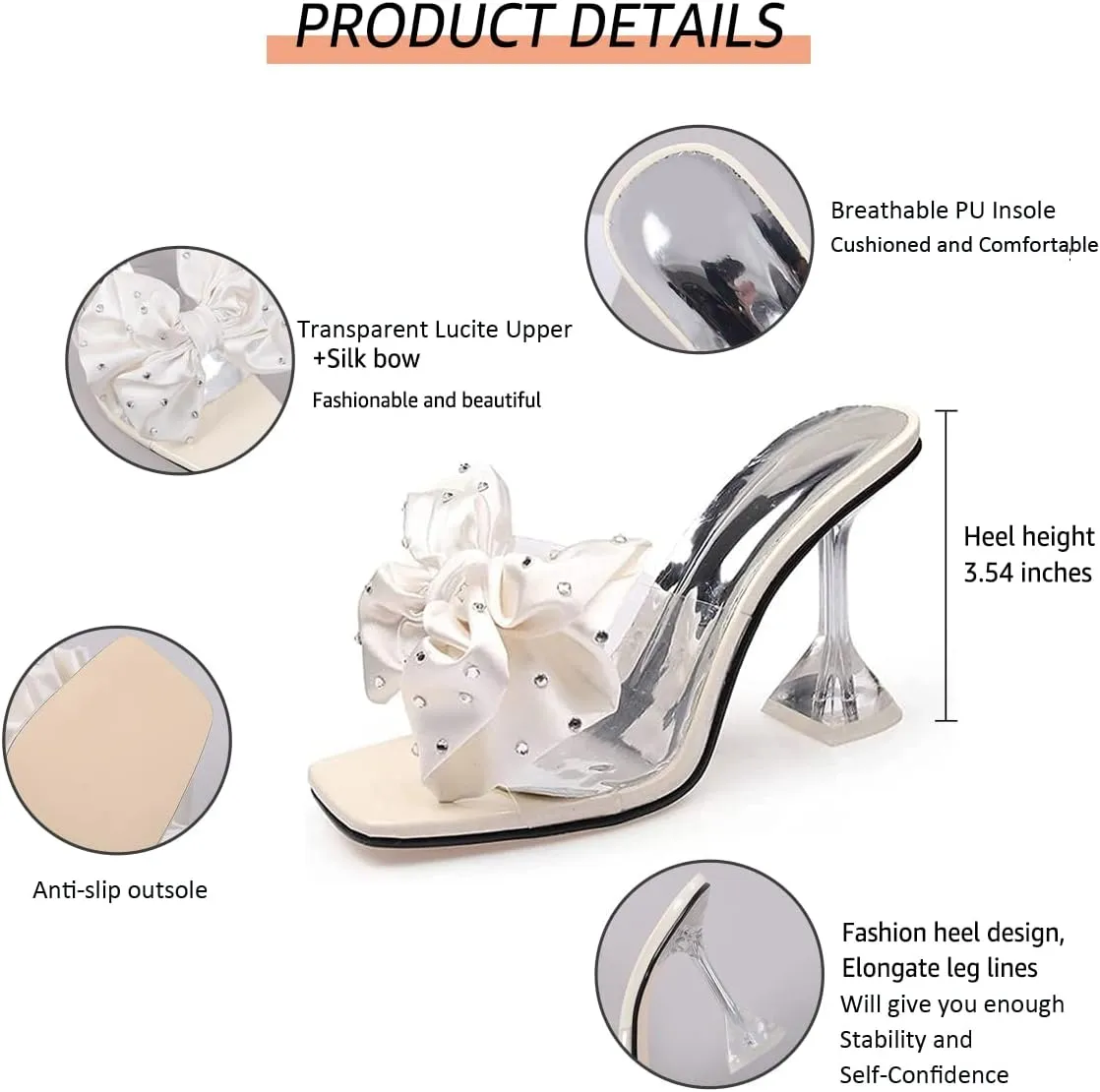 Women's Clear High Heel Mule Sandal Square Open toe Slide on Wedding Party Dress Shoes with Bow