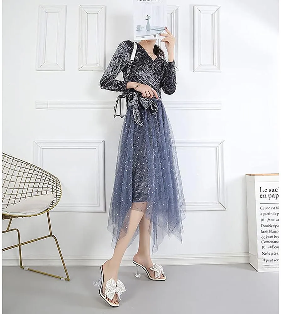 Women's Clear High Heel Mule Sandal Square Open toe Slide on Wedding Party Dress Shoes with Bow