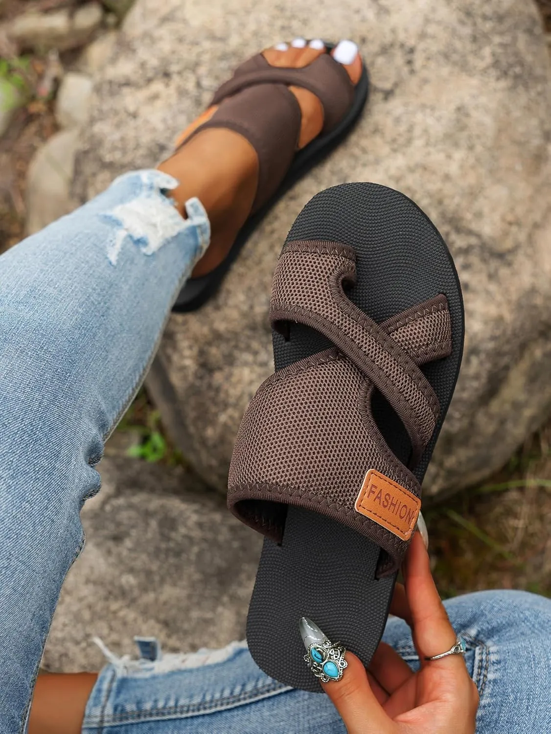 Women's Comfortable Breathable Mesh Flip Flops, Mesh Slide Sandals, Summer Hollow Loop Toe Flat Shoes