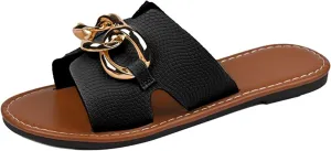 Women's Fashion Slide Sandal Womens Flat Sandals Comfortable Flip Flops Slide Sandals Summer Beach Shoes With Metal