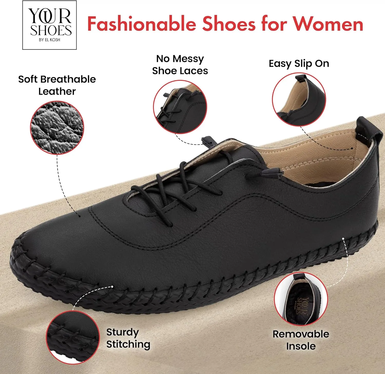Women’s Fashion Sneakers - Light and Comfortable Leather Flat Sneakers for Everyday Use - Breathable Tennis Shoes with Soft Insoles