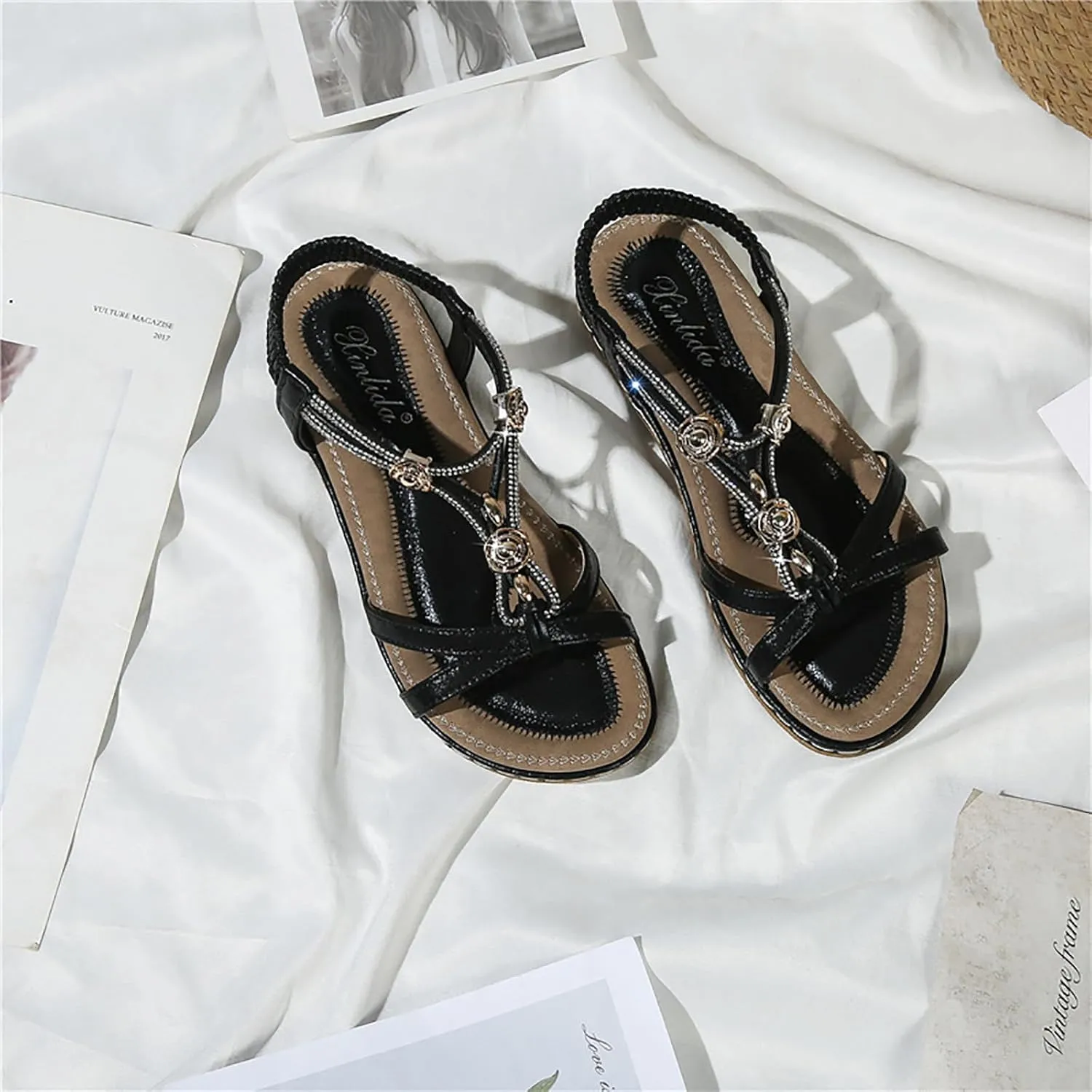 Womens Flat Sandals Comfortable Slingback with Sparkly Rhinestone Summer Dress Ankle Elastic Bohemian Vacation Shoes