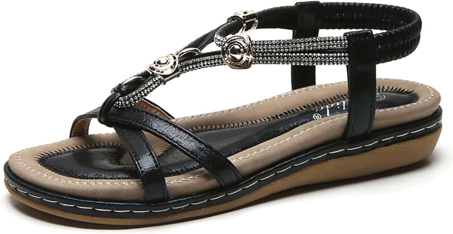 Womens Flat Sandals Comfortable Slingback with Sparkly Rhinestone Summer Dress Ankle Elastic Bohemian Vacation Shoes