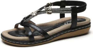 Womens Flat Sandals Comfortable Slingback with Sparkly Rhinestone Summer Dress Ankle Elastic Bohemian Vacation Shoes
