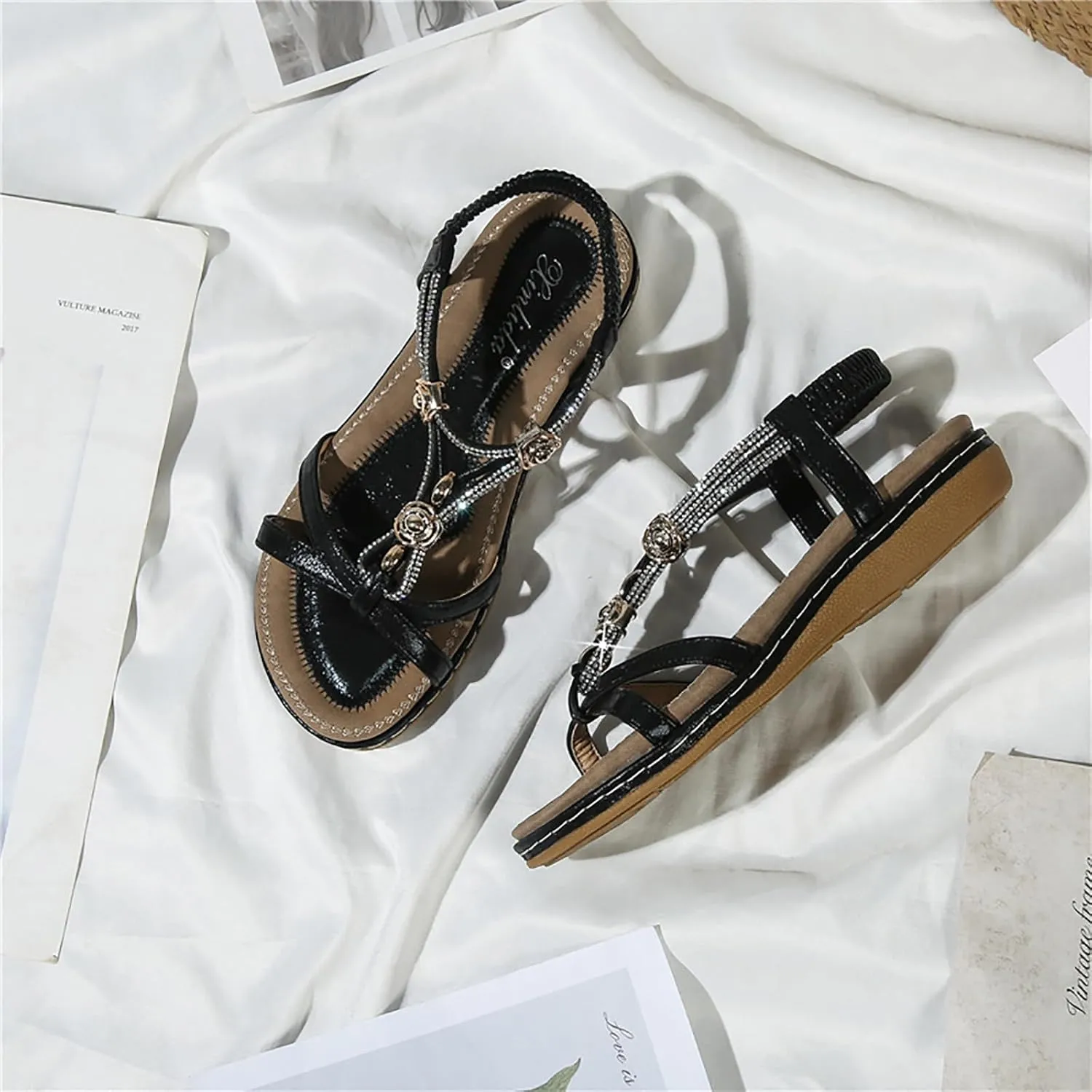 Womens Flat Sandals Comfortable Slingback with Sparkly Rhinestone Summer Dress Ankle Elastic Bohemian Vacation Shoes