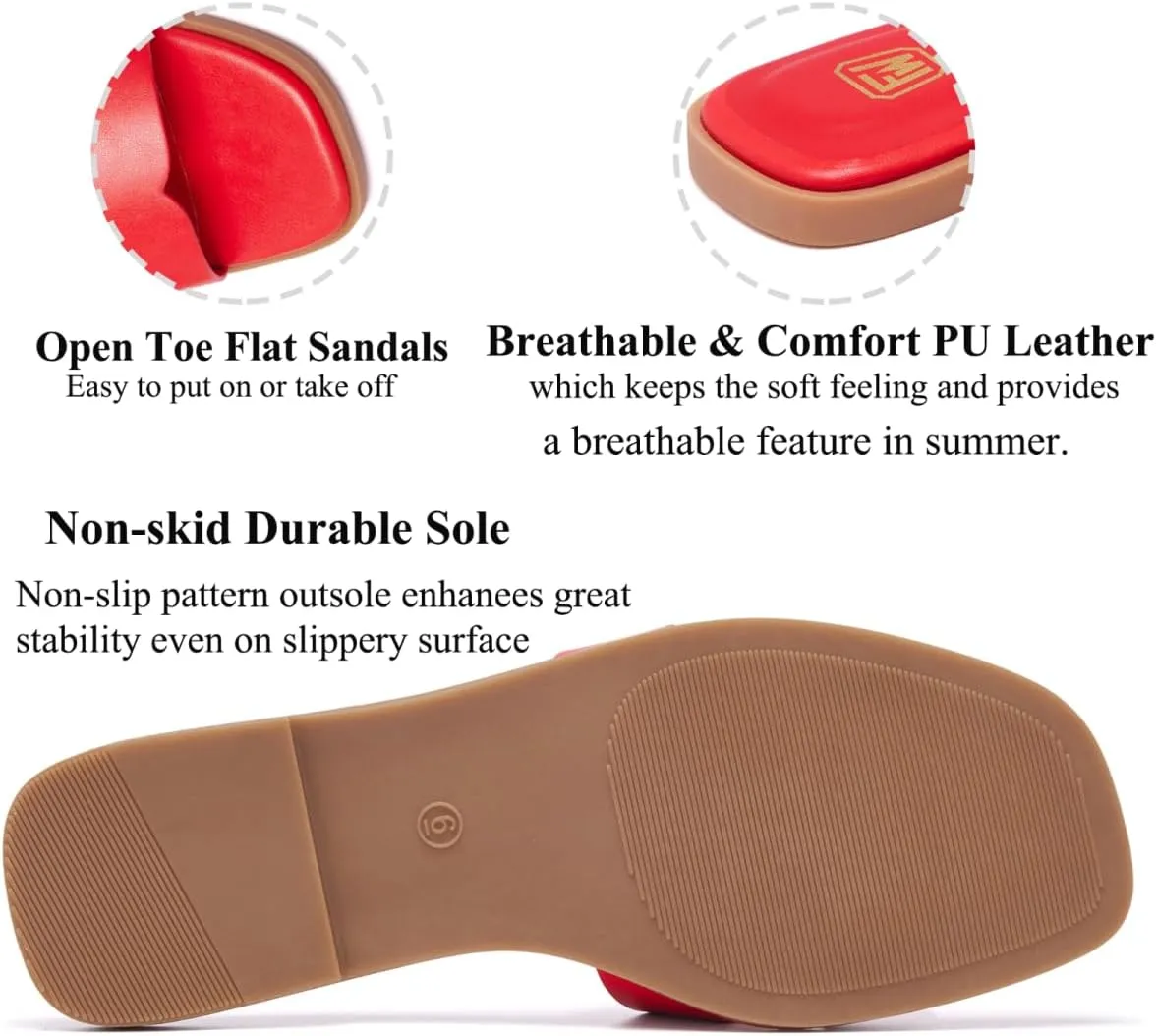 Women's Flat Sandals Dressy Comfortable Slide Sandals Fashion Square Open Toe Slip On Beach Sandals for Summer