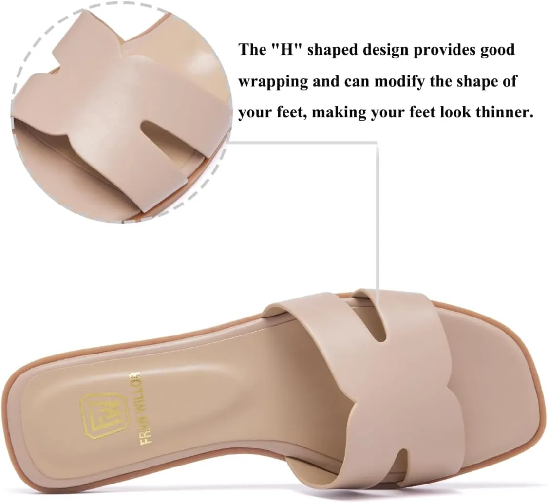 Women's Flat Sandals Dressy Comfortable Slide Sandals Fashion Square Open Toe Slip On Beach Sandals for Summer