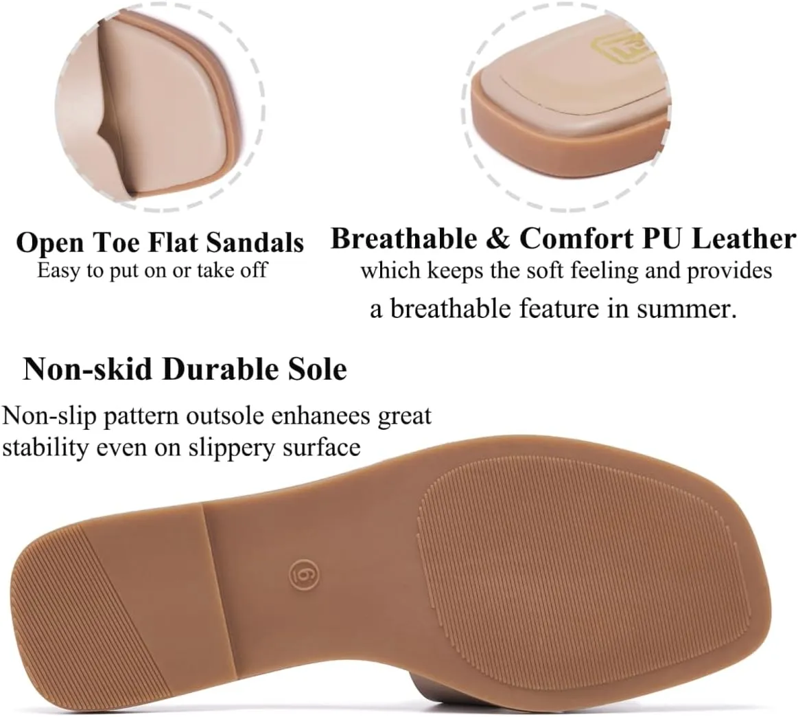 Women's Flat Sandals Dressy Comfortable Slide Sandals Fashion Square Open Toe Slip On Beach Sandals for Summer
